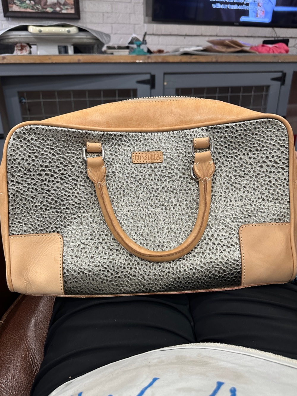 Consuela Tommy Satchel Gray Textured Tote with Tan Leather Trim